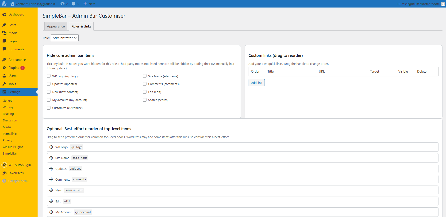 Admin Bar Settings